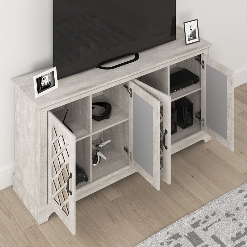 Ariba 4-Door Mirrored TV Stand, Dusty Gray Oak, Diamora, 29.3" H x 59.6" L x 15.7" W