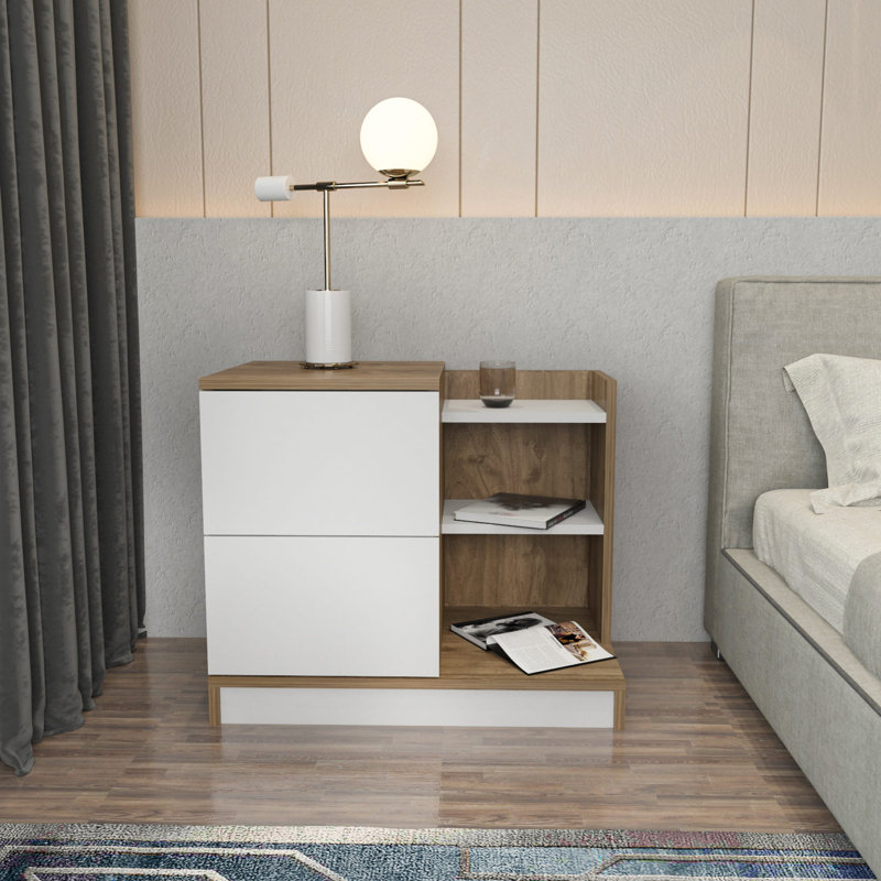 Modern Nightstand with 2 Drawers, White & Walnut Finish, 28.3 x 17.7 x 23.6 inches | 100% Melamine Coated Particle Board, Thickness: 0.7 inches | Sleek Design for Bedroom Storage & Aesthetic Appeal