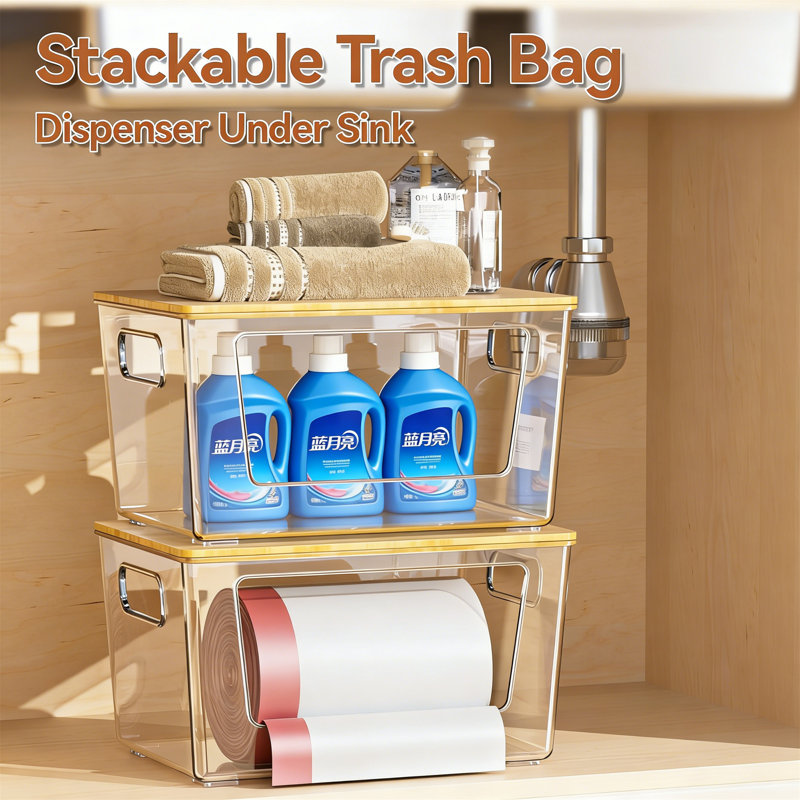 2-Pack Stackable Trash Bag Holder With Bamboo Lid For Kitchen And Laundry