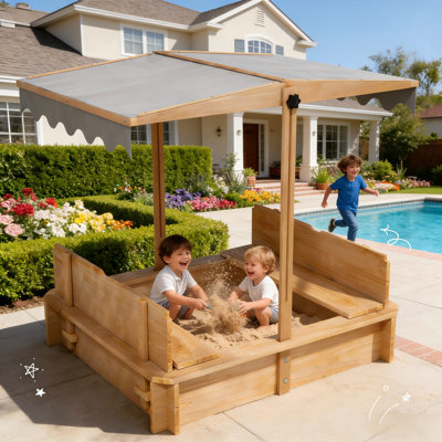 43"x 43'' Wooden Sandbox With  Lid & Height-adjustable UV Canopy for Kids