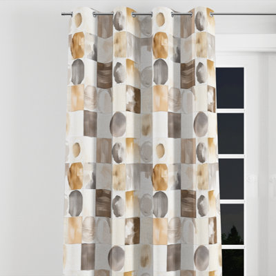 Patchwork Curtain panels - Country Farmhouse Beige And Brown Neutral Mix Quilt Grommet Curtain - 1 Panel