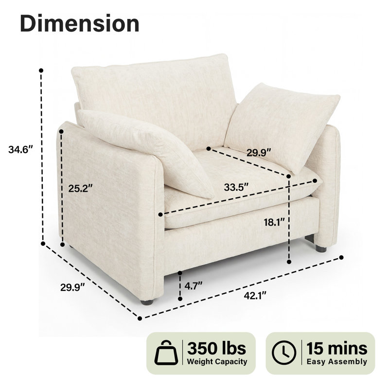  Fauteuil rembourré en chenille de 42,1 po de largeur avec 2 coussins et passepoil, beige