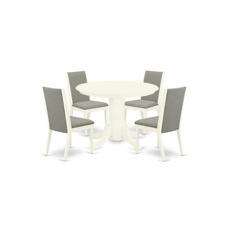 L'ensemble de table de salle à manger 5 pièces comprend une table de cuisine ronde avec piédestal et 4 chaises de salle à manger Parson en lin Shitake, blanc lin