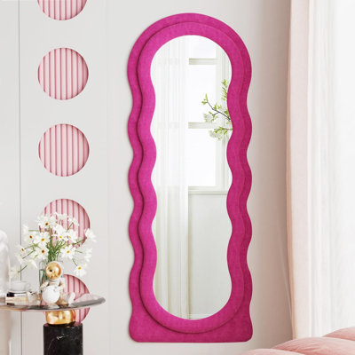 63" x 24" Irregular Wavy Mirror, Large Floor Length Mirrors Wall Mounted, Hot Pink