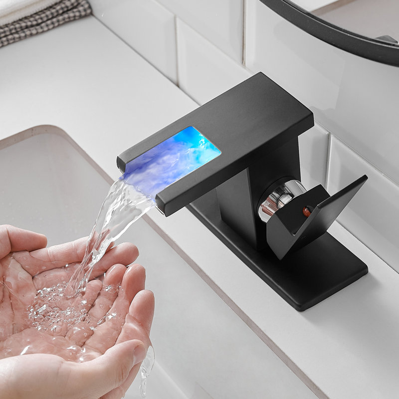 Robinet pour salle de bain Waterfall avec DEL, 3 couleurs changeantes, fixation sur le pont, eau froide, robinet de lavabo noir, changement de la température de l'eau, poignée simple,