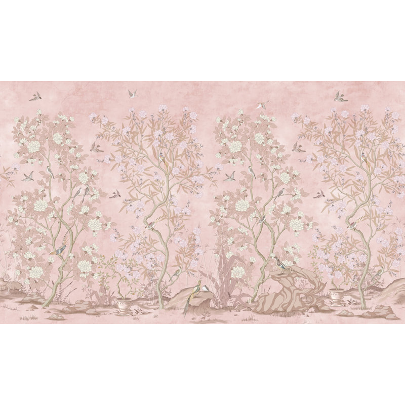 Blush Garden Birds and Blossom Tree Wallpaper, 100"L x 150"W