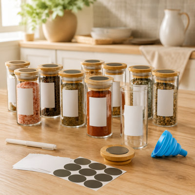 36 pots à épices en verre vides de 4 oz avec couvercles en bambou, autocollants et entonnoir à épices de style campagnard minimaliste, récipients d'assaisonnement pour étagère à épices, armoire et tiroir