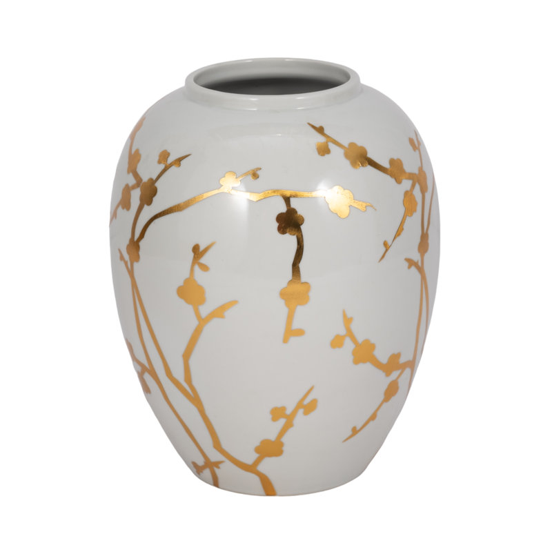 10" Gold Branches Vase, White