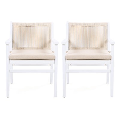 Chaise de patio en bois pour 2 personnes, dossier en corde et coussin hydrofuge, structure blanche, capacité de 400 lb, housse de coussin amovible, entretien facile, confort ergonomique, fauteuil simple pour balcon