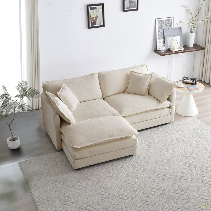 Canapé en chenille deux places avec 1 repose-pieds, canapé modulaire en L avec repose-pieds 2 places, causeuse avec repose-pieds pour petit espace en chenille