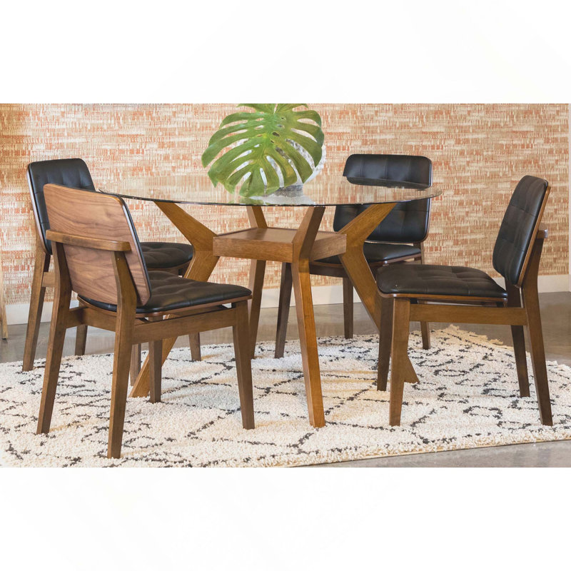 Modern 5PCS Kitchen Dining Table Set, Round Glass Top Dining Table With 4 Leatherette Uoholstered Chairs