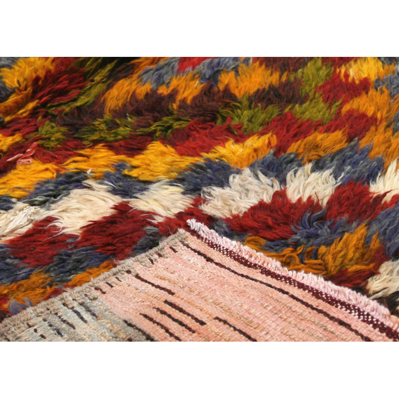 Tapis unique en laine noué à la main de style années 1960 de 3 pi 9 po x 4 pi 9 po en orange / rouge / bleu / brun