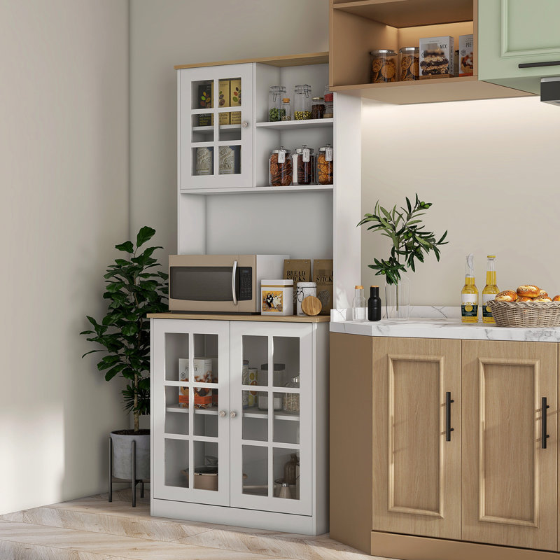 72" Freestanding Storage Cabinet, White, With , Large Countertop, Adjustable Shelves, Glass Doors For Dining Room White Cabinet Freestanding,