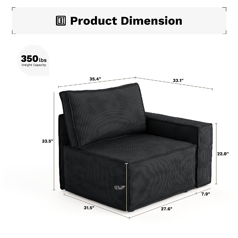 Fauteuil d'appoint modulaire faisant face à la droite Bennett pour canapé modulaire modulaire, Noir