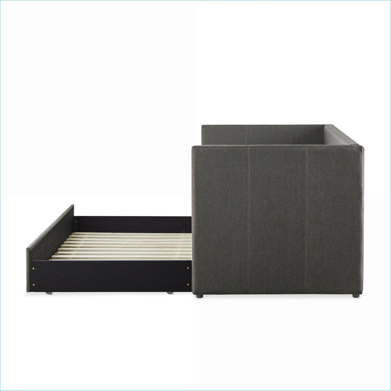 Daybed Sofa | Modern Slate Gray Fabric with Pull-Out Trundle &amp; Nailhead Trim | Wood Frame