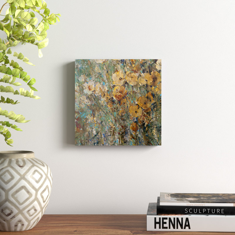 «Amber Poppy Field I», peinture sur toile, H 12 po x l 12 po, Toile tendue