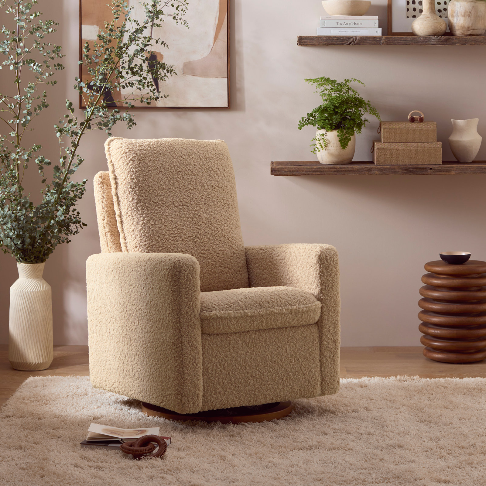 Cali Swivel Glider, Beige Boucle/Black Base