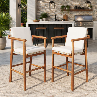 Outdoor Counter Height Bar Stools Set of 2, Modern Acacia Wooden Stools with Backrest, Arm, Webbing Seat, and Beige Cushions