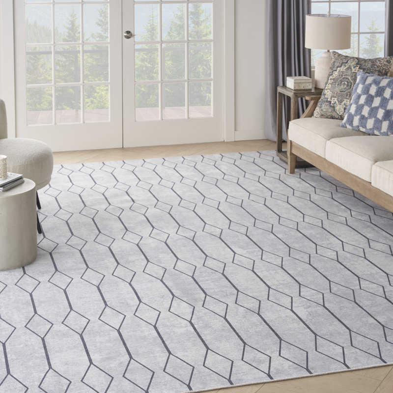 Tapis géométrique lavable tissé à la machine 9 pi x 12 pi ivoire et gris, Rectangle 9 pi 2 po x 12 pi
