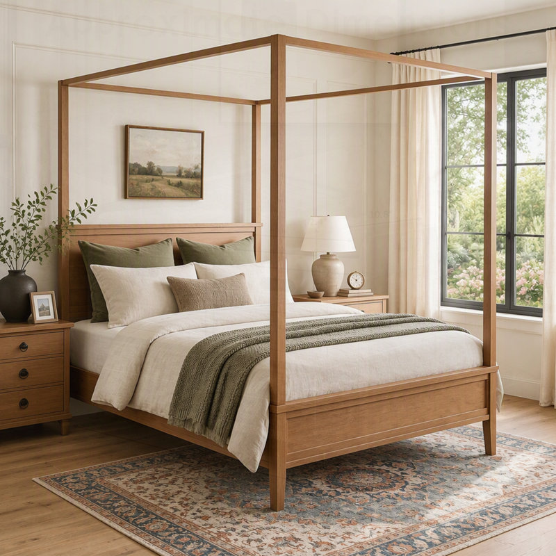 Lit plateforme à baldaquin en bois de style moderne du milieu du siècle avec tête de lit, lit à baldaquin rustique de style ferme avec pieds fuselés