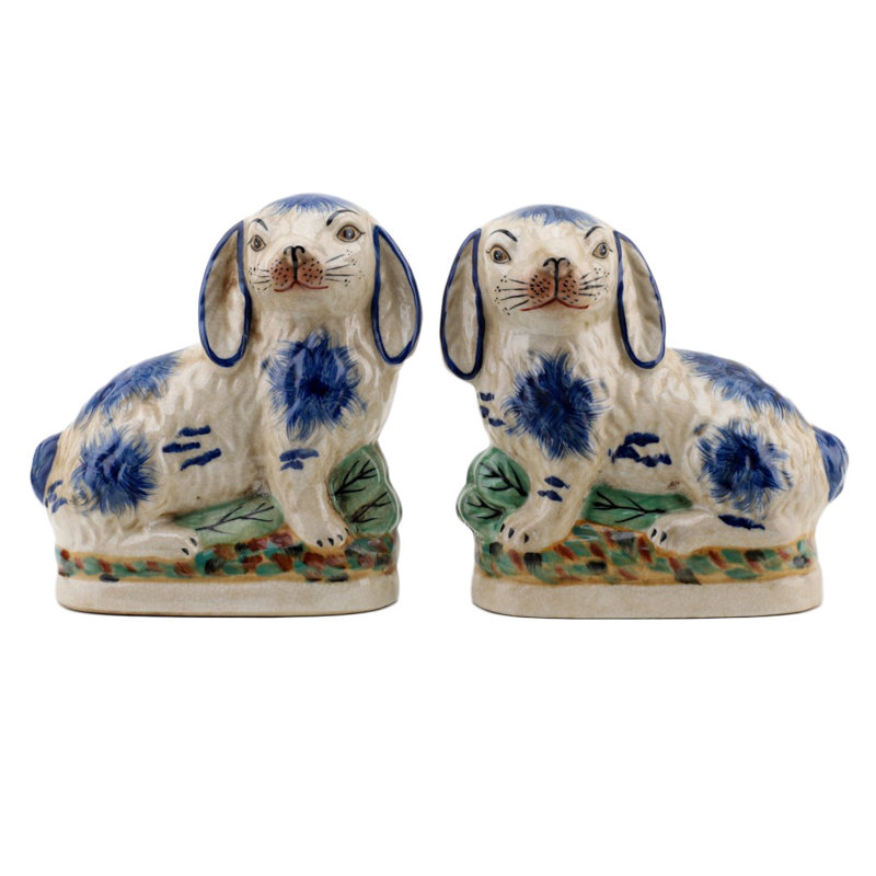 Small Staffordshire Bunny Hares Figurine, 6.5" H x 6" W x 3" D, Blue/Cream