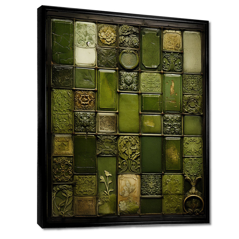Green Stones Tiles I - Art mural abstrait, Cadre flottant noir, H 20 po x l 12 po x P 1 po