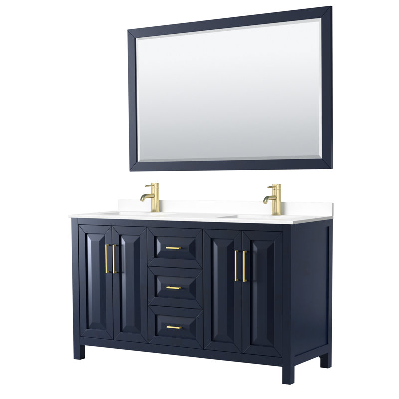 Daria 72" Double Bathroom Vanity Set with Mirror, Dark Blue, Brushed Gold, 60"