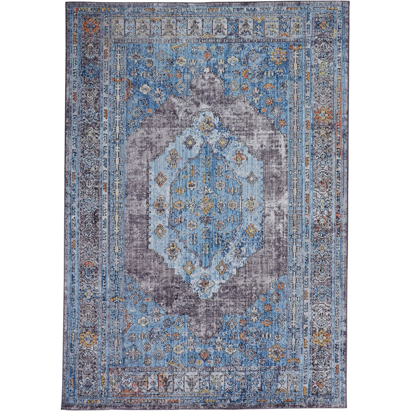 Lorentzen Oriental Machine Made Power Loom Polyester Indoor Area Rug in Azure Blue, Rectangle 8' x 10'