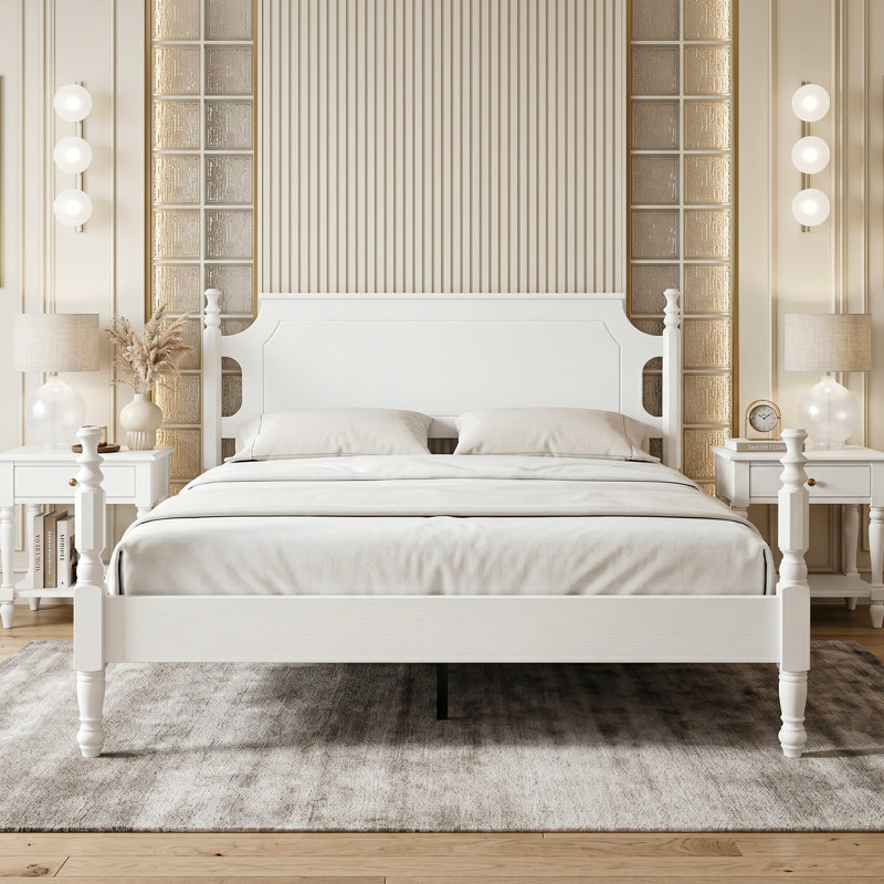 Cadre grand lit avec tête et pied de lit, aucun sommier requis, 12 lattes en bois massif, pieds en métal au centre, anti-bruit et antidérapant, assemblage simple, rangement sous le lit, finition blanc pur