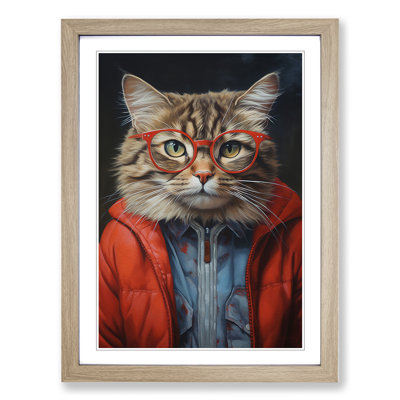 Cat With Glasses No.3 - Single Picture Frame Print on Wood