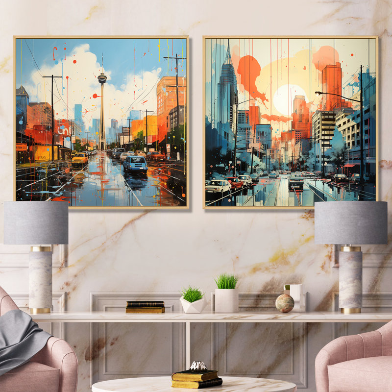 Paysage urbain d'Atlanta, coucher de soleil I - ensemble de salon d'art mural d'Atlanta, 2 pièces, Cadre flottant brun