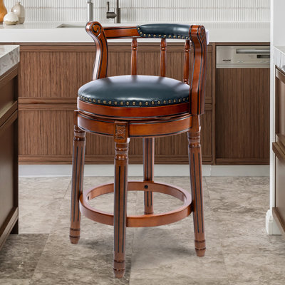 Tabouret de bar pivotant avec siège en cuir fleur, dossier creux, structure et repose-pieds en bois massif pour la cuisine, la salle à manger ou le salon