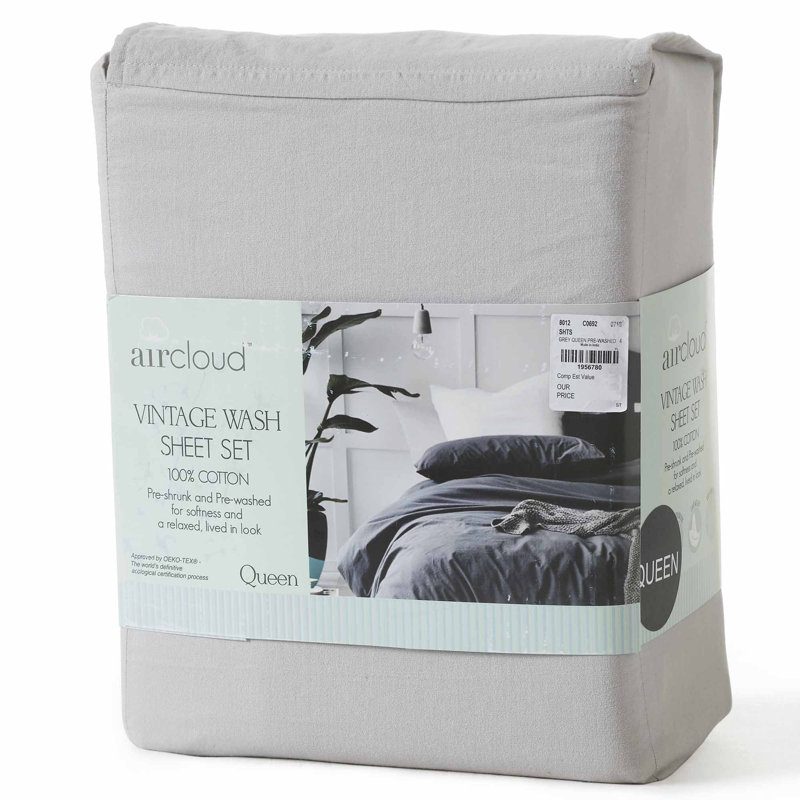  Vintage 144 Thread Count 100% Cotton Sheet Set, Cal.King Sheet Set + Fitted Sheet + 2 Pillowcases, Gray/Silver