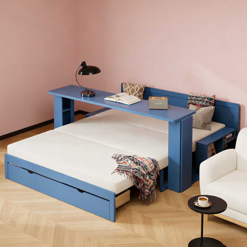 Grand lit de jour avec bureau amovible, Bleu, Double 