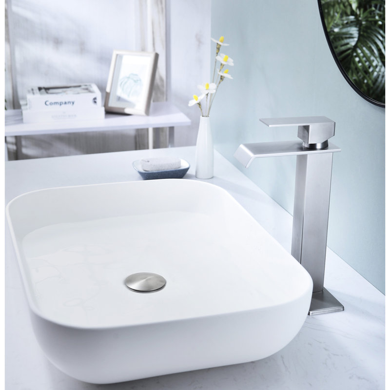 Robinet de lavabo de salle de bain avec poignée simple et bec cascade, bonde escamotable sans trop-plein, fabrication en acier inoxydable nickel brossé, débit naturel, ajustement facile du débit d'eau