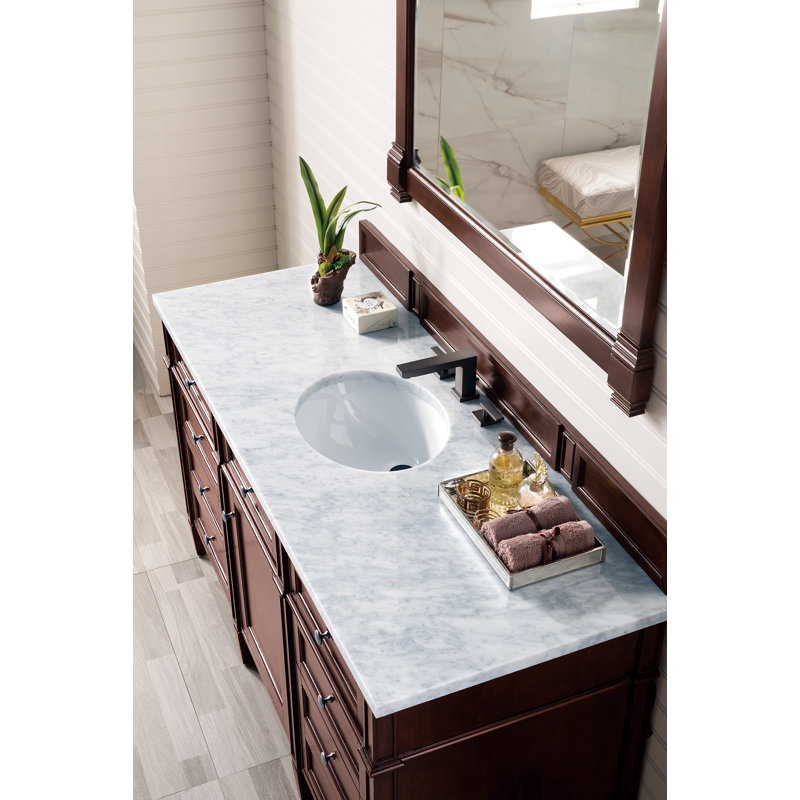 Brittany 60'' W Single Vanity, Carrara White, Saddle Brown, 8" Widespread