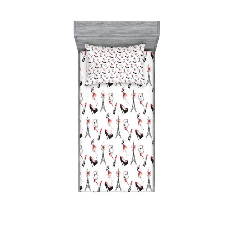 Drap-housse et coussin décoratif Ambesonne Eiffel Ruby noir et blanc, Ensemble de draps pour lit simple + 3 pièces supp