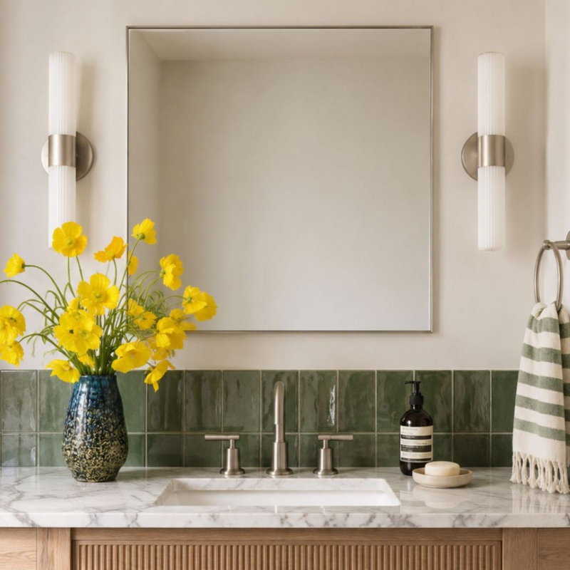 Miroir de salle de bain carré Lilian, miroir mural carré en nickel brossé, 40 x 40 pouces, miroir carré en nickel brossé pour salle de bain
