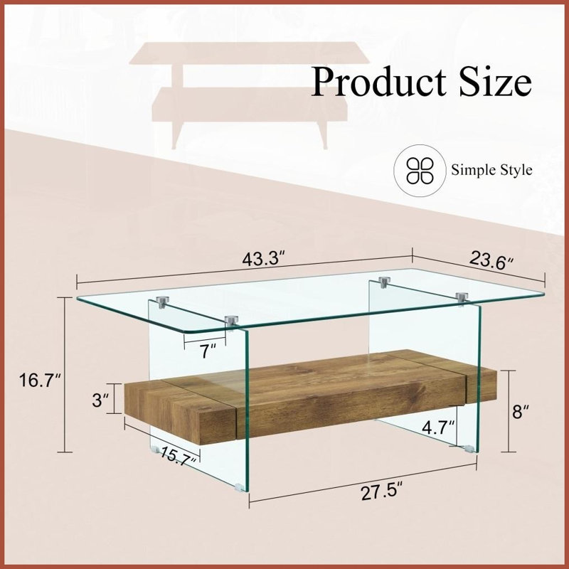 Table basse 43,3 pouces à double couche en verre trempé - capacité de 250 lb, extensible Facile à nettoyer pour le salon