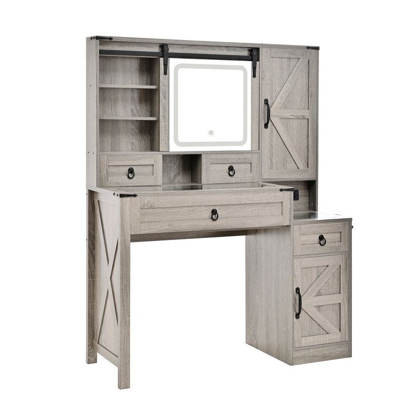 Bureau de coiffeuse avec miroir et lumières DEL, plateau en verre, station de charge, coiffeuse avec 4 tiroirs, 2 armoires et un tabouret