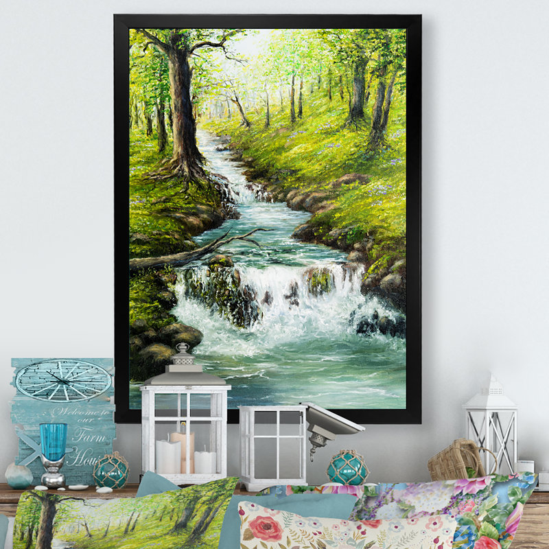 " Spring River Fall In Green Forest ", Black Picture Framed, 20" H x 12" W x 1" D