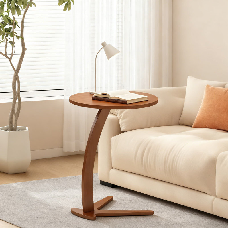 Table de bout en C avec plateau en bois massif, table d'appoint ronde pour petits espaces, table de chevet moderne pour le salon et la chambre à coucher