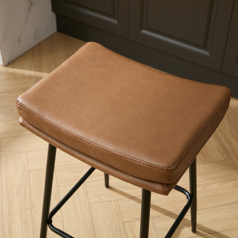 26" Faux Leather Upholstered Backless Saddle Bar Stool with Metal Frame, Brown, 3