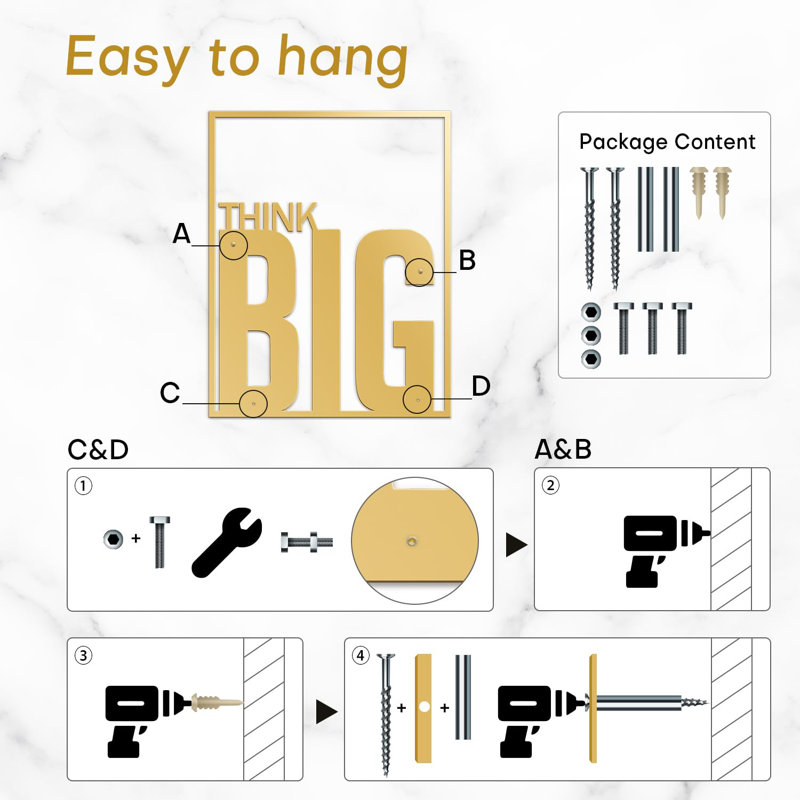 "Think Big" - Black And Gold Dimensional Iron Wall Sculpture Metal Wall Art Modern Office Decor, 20" H x 16" W x 0.05" D