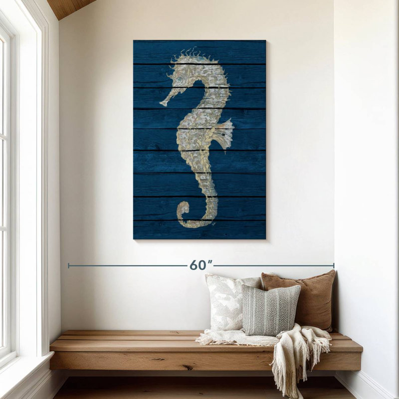 Hippocampe antique Brampt sur bleu II, H 45 po x l 30 po