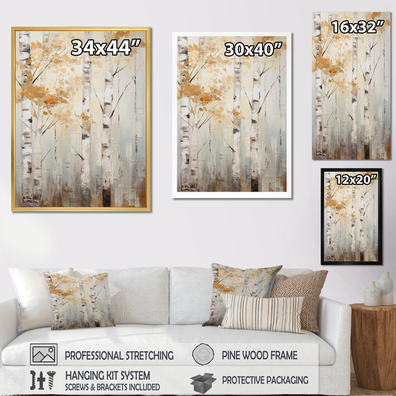 Minimalism Tree Birch - Tree Birch Wall Decor, 44" H x 34" W x 1.5" D, White Floater Frame