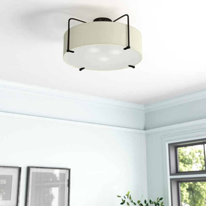 3 - Light Dimmable Drum Chandelier, Antique Bronze, Harvest Linen