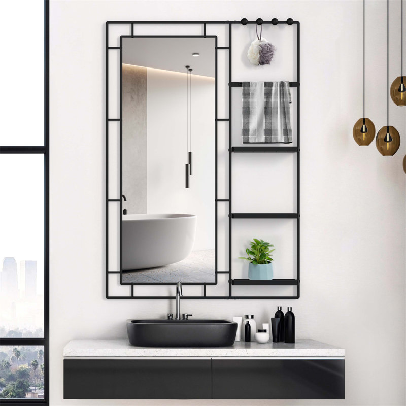 Miroir de meuble-lavabo moderne 30 po x 44 po avec tablette multifonctionnelle, grand miroir décoratif de salle de bain et de salon, cadre noir