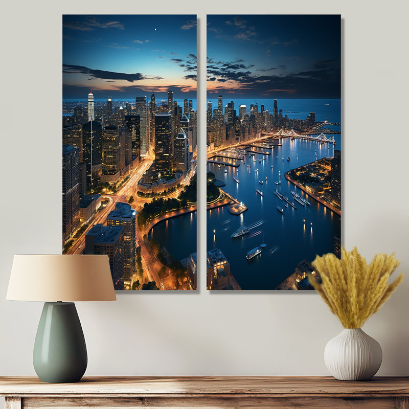 Chicago, beau paysage urbain I - ensemble d'art mural industriel de 2, H 40 po x l 40 po, Toile tendue, Ne s’applique pas