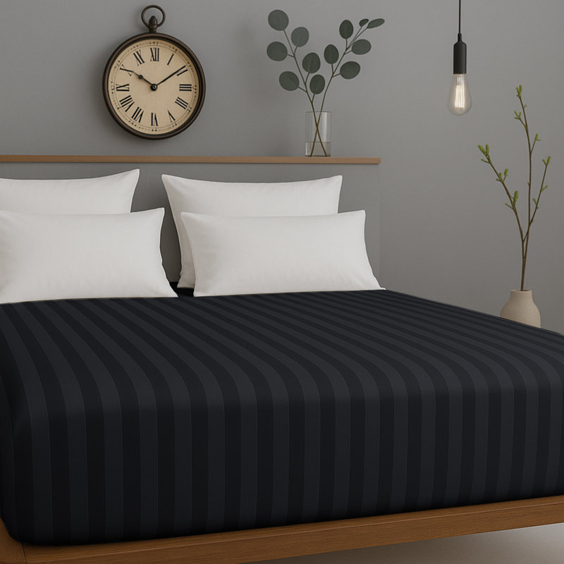 Microfiber Stripe Fitted Sheet – Soft, Durable, and Wrinkle-Free, Black, Double (4'6)